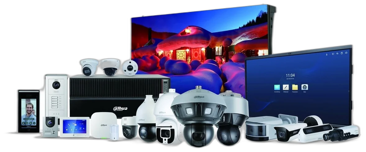 Full range of security equipment — CCTV cameras, door intercoms, alarm panels, recorders and display screens